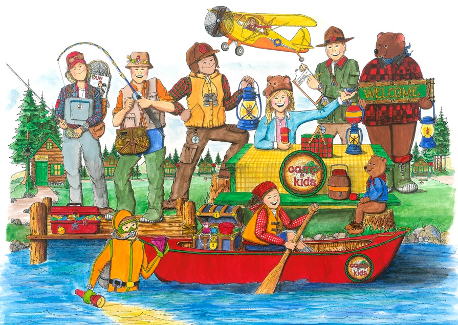 The Camp Kids — all characters together at the dock and on the red canoe