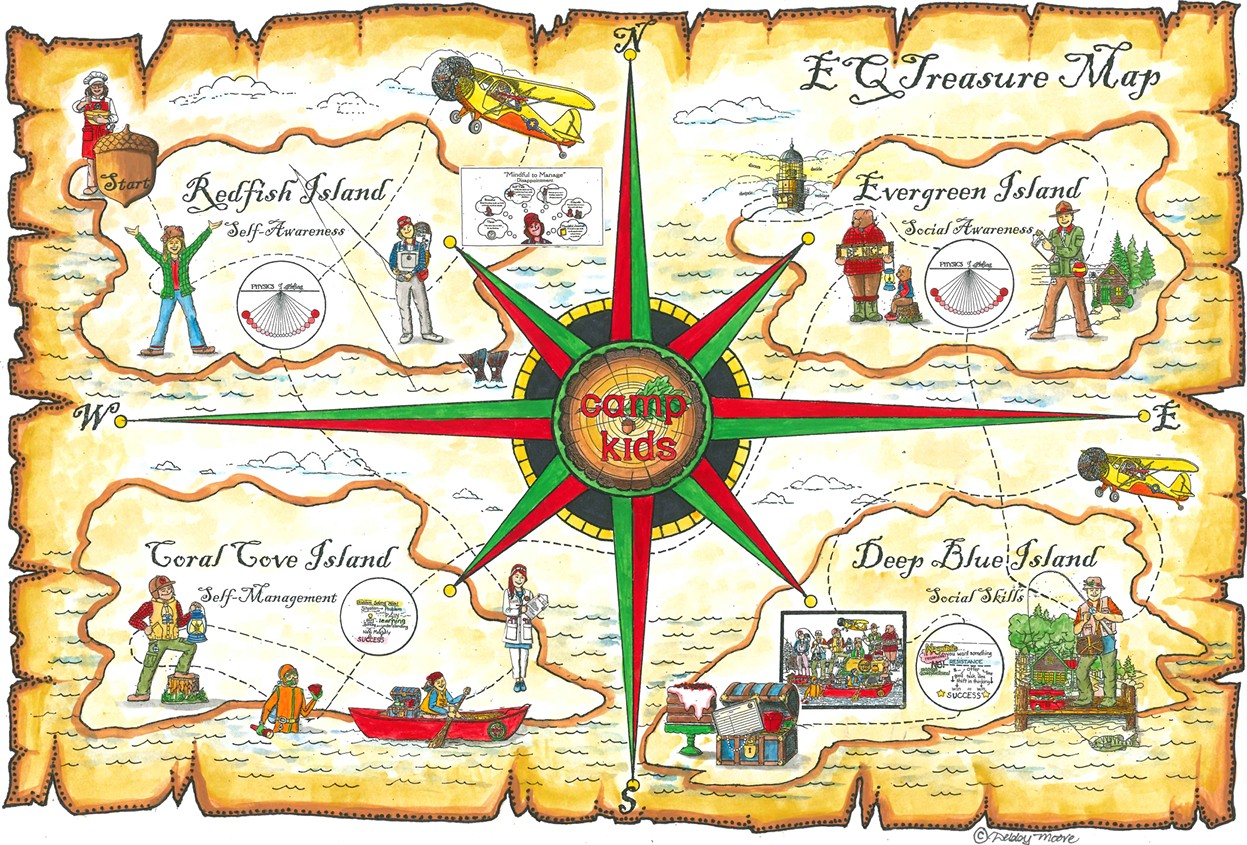 The Camp Kids EQ Treasure Map — four islands