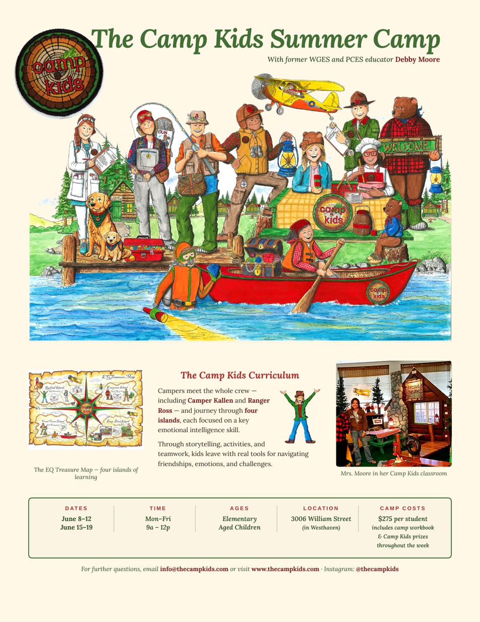 The Camp Kids Summer Camp flyer — June 8–12 and June 15–19, Mon–Fri 9a–12p, elementary aged children, $275 per student, in Westhaven